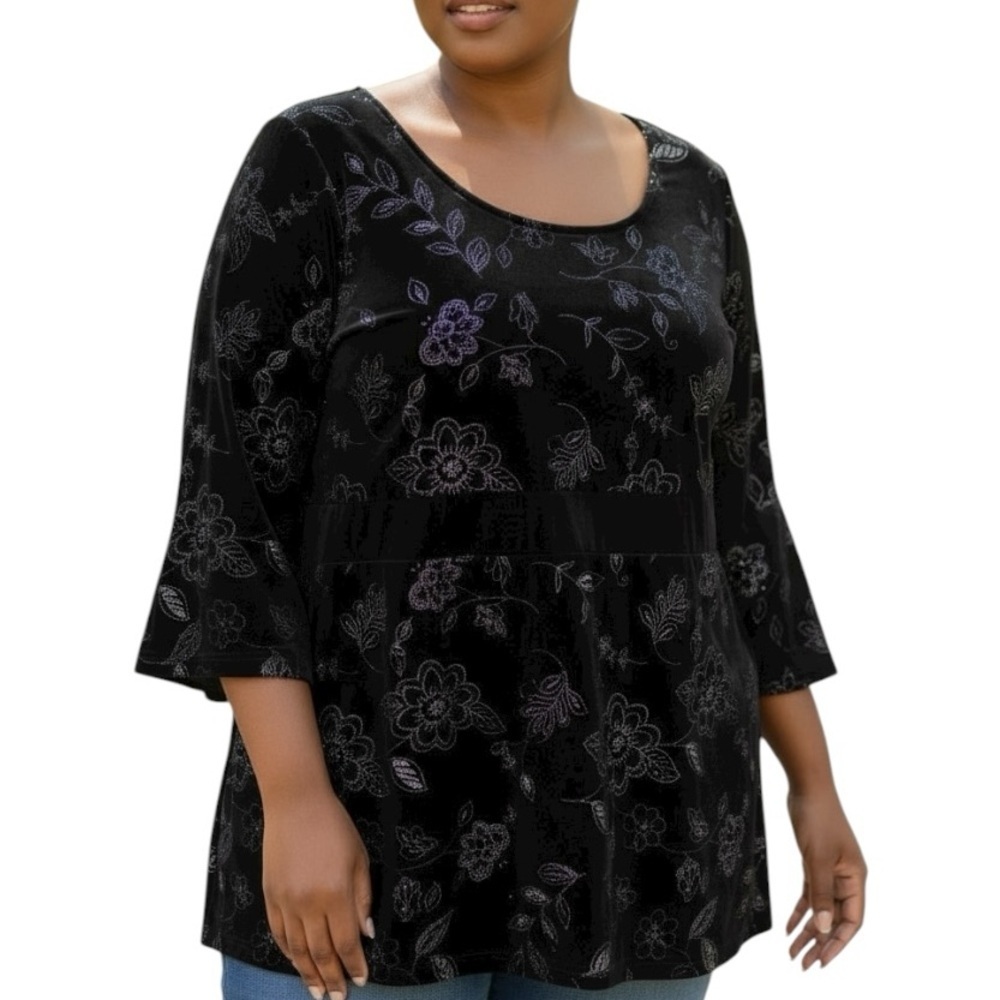 NWT Studio 1940 26/28W Black Velvet Sparkle Floral Bell Sleeve Shirt Holiday